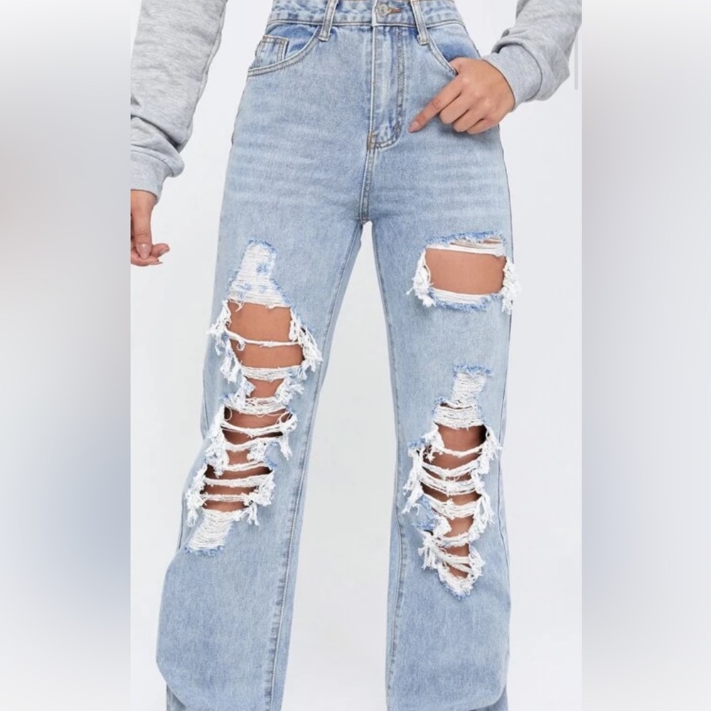 &DENIM Blue Washed Ripped Boyfriend Jeans